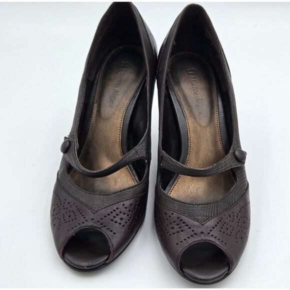 Etienne Aigner Wmn 7.5 Bossy Dark Brown Leather Peep Toe Mary Jane Pump Heels - Picture 9 of 9